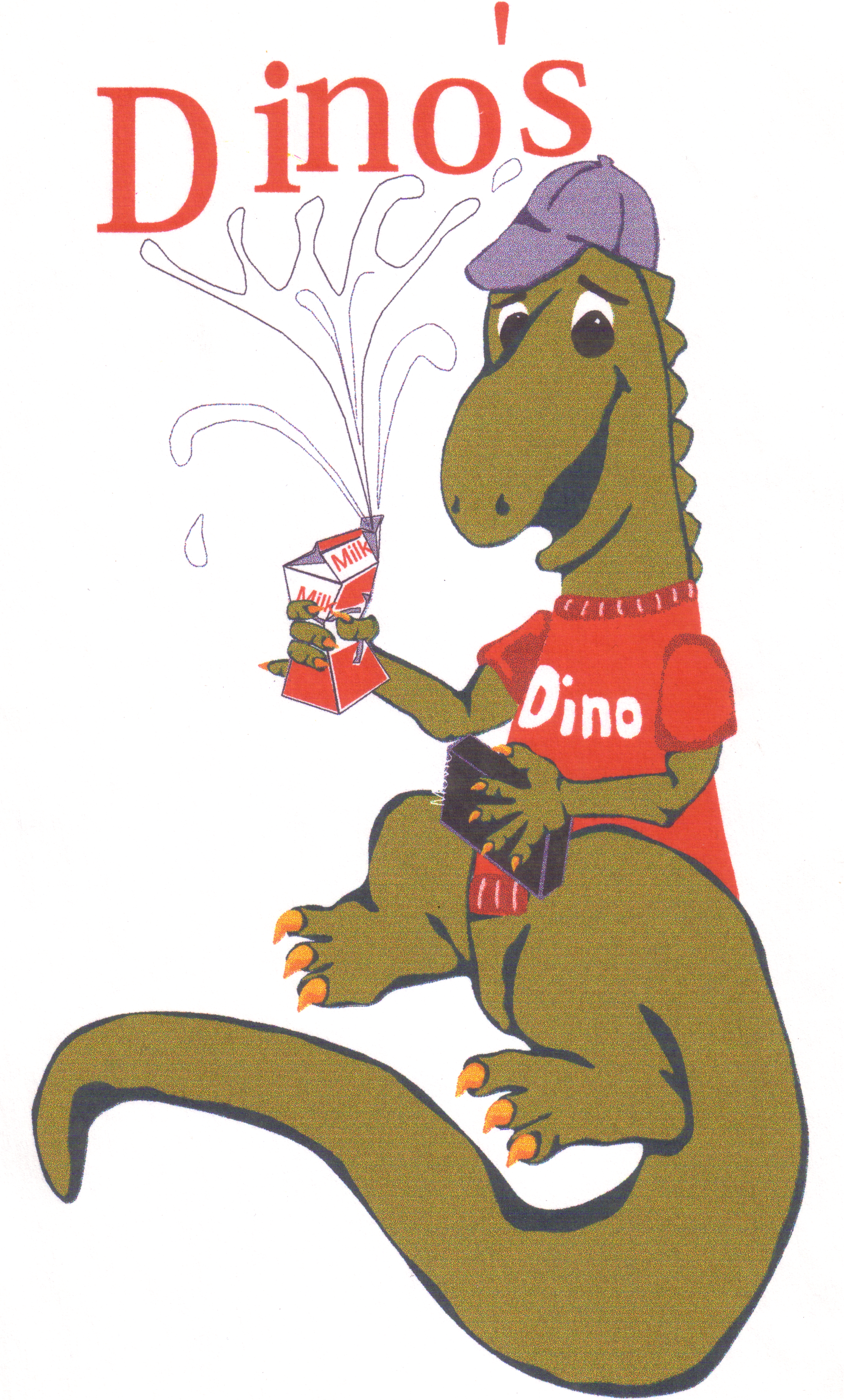 The original Dino character holding a milk carton and a movie, representing the history and personality behind Open Door Design.